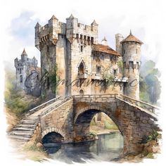 a watercolor painting of a castle with a bridge