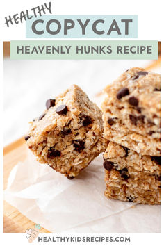 two healthy granola bars stacked on top of each other with text overlay that reads healthy copycat heavenly chunks recipe