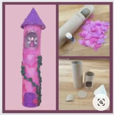 the collage has been made to look like a pink tower with flowers on it