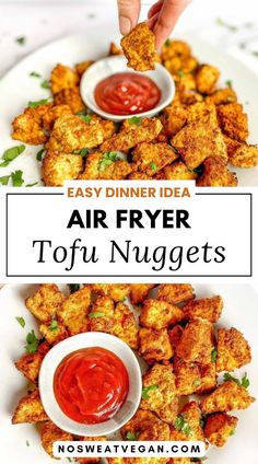 air fryer tofu nuggets on a plate with dipping sauce