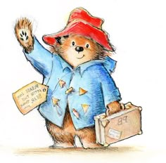 a drawing of a bear wearing a blue coat and hat with his arms in the air