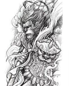 Monkey King Sketch, King Sketch, Mangas Tattoo, Foo Dog Tattoo, Dragon Sleeve Tattoos, Warrior Tattoos