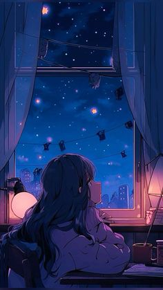 a woman sitting in front of a window looking out at the night sky and stars