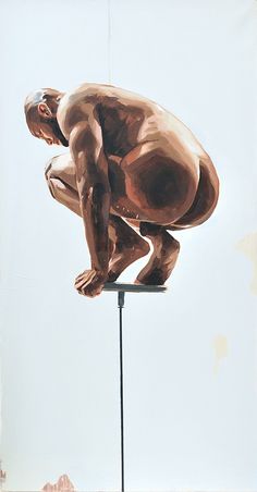 a painting of a man sitting on top of a pole