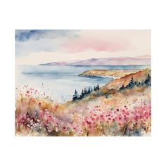 a watercolor painting of flowers and trees by the ocean