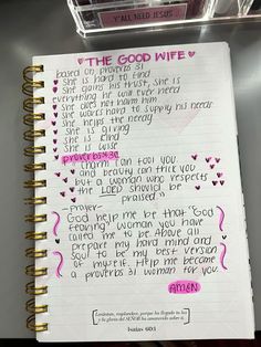 a notepad with writing on it that says, the good wife is in pink