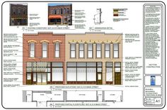 an architectural drawing of the front and side of a brick building with windows, balconies, and other details