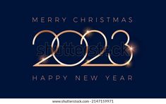 merry christmas and happy new year greeting card or poster design with golden numbers on blue background