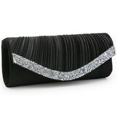 Material:This formal women clutch purse evening bag is made of satin with rhinestone trim and pleated front flap.  Design:Detachable long silver chain strap let you to free your hands and wear it as evening shoulder bag or crossbody purse.  Pockets: Fully lined interior with one slip pocket. Easily fit a cell phone, car keys, wallet, compact, lipstick and other small items.  Size:Approx. Size: 9"W x 3.75"H x 2"D.  Occasions:Lightweight women evening clutch purse, it is a great choice for wedding Black Clutch Purse Formal, Black Rhinestone Evening Bag For Formal Occasions, Formal Black Bags With Rhinestones, Black Spacious Evening Bag, Elegant Black Evening Bag With Rhinestones, Luxury Black Evening Bag With Rhinestones, Purse Pockets, Graduation Accessories, Black Formal Gown