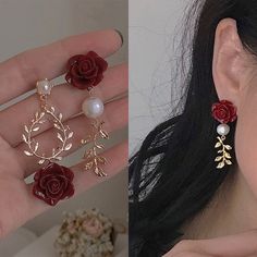 Red Rose Accessories, Rose Themed Jewelry, Gold Red Jewelry, Gold Earrings With Roses, Red Earrings Aesthetic, Red Rose Jewelry, Red Rose Earrings, Princess Valentines, Rose Accessories