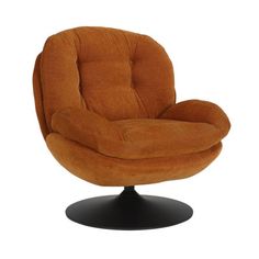 an orange chair sitting on top of a black base