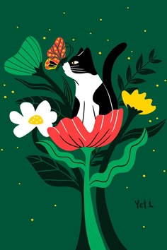 a black and white cat sitting on top of a flower with a butterfly flying over it