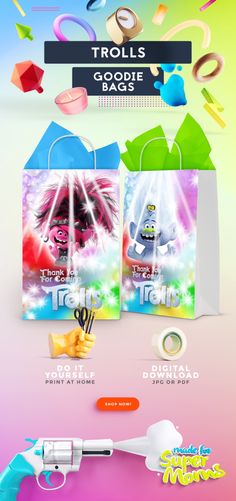 an advertisement for troll's goodie bags with the words trolls goodie bags