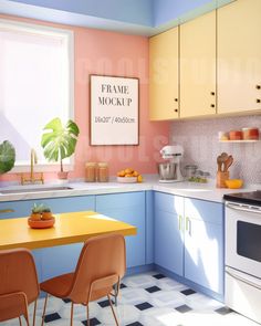 an image of a kitchen setting with pastel colors