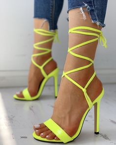 Open Toed Bandage Lace-Up Thin Heeled Sandals Yellow Party Sandals With 4-inch Heel, Yellow Pointed Toe Sandals For Spring, Spring Yellow Pointed Toe Sandals, Yellow Open Toe Heels For Party, Yellow Open Heel Party Shoes, Yellow Open Heel Party Heels, Yellow Pointed Toe Sandals With Padded Heel, Yellow Sandals With Padded Heel And Pointed Toe, Yellow Heels With Heel Strap For Summer