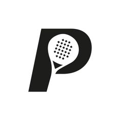 a black and white logo with the letter p in it's center, holding a tennis racquet