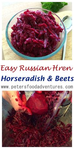 red cabbage and beets in a glass bowl on a cutting board with the words easy russian kitchen horseradish and beets