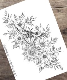 a black and white drawing of flowers with a butterfly on the top of it's wings