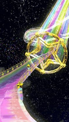 an artist's rendering of a futuristic space station in the outer world with colorful lights and stars