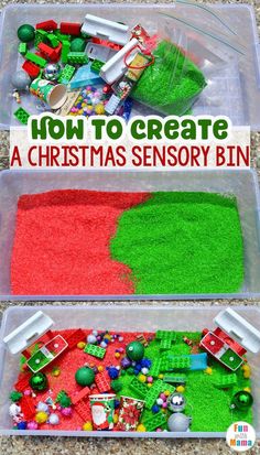 two plastic bins filled with green and red play dough