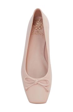 Embrace wear-anywhere versatility and ultimate comfort with every step in a square-toe ballet flat crafted from supple leather and detailed with a dainty bow. Leather upper/synthetic lining and sole Made in Brazil Elegant Spring Ballet Flats With Bow, Feminine Pink Ballet Flats, Feminine Pink Ballet Flats With Bow, Feminine Ballet Flats For Spring, Feminine Spring Ballet Flats With Almond Toe, Feminine Bow Flats For Spring, Feminine Ballet Flats With Bow, Elegant Pink Ballet Flats With Bow, Feminine Almond Toe Ballet Flats For Spring