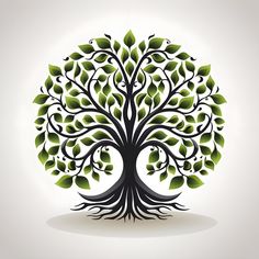 an abstract tree with green leaves on a white background, in the shape of a circle