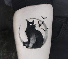 a black and white cat with bats on it's back leg, sitting in front of the moon