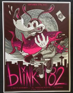 a pink poster with an image of a cartoon character riding a skateboard