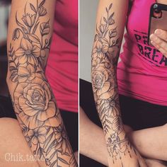 two pictures of the same woman's arm with flowers on it, and one has a phone in her hand