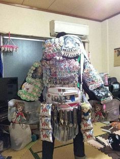 a person in a costume made out of various items