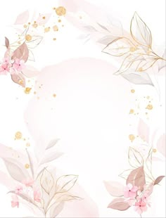 pink flowers and leaves on a white background with gold glitters in the center, as well as an empty space for text