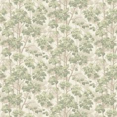 a wallpaper pattern with trees and leaves on it's side, in neutral tones