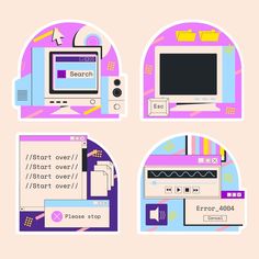 three stickers depicting different types of electronic devices, including a computer screen and keyboard