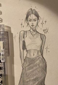 a pencil drawing of a woman in a skirt