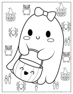 a coloring page with an image of a cartoon character holding a pumpkin in it's hand