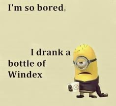 a minion sitting on top of a table with the caption i'm so bored, i drank a bottle of windex