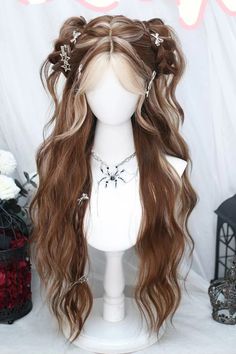 Brown Pick Dye Sweet Long Curly Lolita Wigs – LolitaInside Wig With Curtain Bangs, Cool Hair Designs, Hair Inspiration Long, Subtle Highlights, Fairy Hair, Cosplay Hair, Mermaid Makeup, Hair Up Styles, Children Book