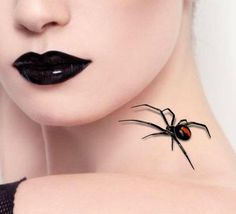 a woman with black lipstick and a spider tattoo on her neck