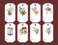 six tags with flowers and plants on them, all in different shapes and sizes are shown