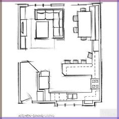 a drawing of a kitchen and living room with the floor plan drawn in blue ink