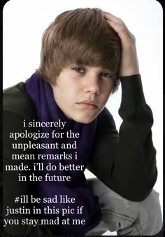 a young man sitting down with his hand on his head and the caption that says, i swearly apoloize for the unpleasantant and mean marks made