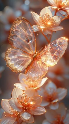 a butterfly sitting on top of a flower next to water droplets in the air and light shining through its wings