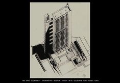 a black and white drawing of a tall building