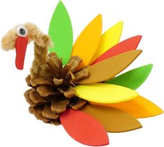 a paper turkey with a pine cone on its head