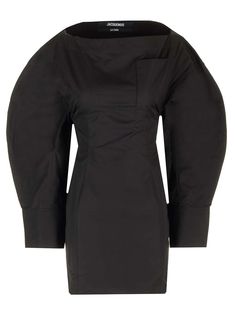 "La Robe Chemise" shirt dress from Jacquemus in black cotton poplin, with boat neckline, wide rounded sleeves, squared cuffs with buttons, side slits, triangular cut-out detail on the back, adjustable belt on the back with metal buckle and studs, belt loops at the waist. Luxury Fitted Shirt Dress With Placket, Jacquemus La Robe Saudade, Jaquemus2020 Dress, Jacquemus Shirt Dress, Jacquemus Shirt, Shirt Dress For Women, Versace Designer, Boat Neckline, Adjustable Belt