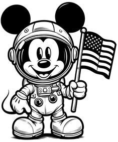 mickey mouse holding an american flag and waving it's head in black and white