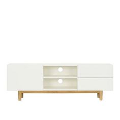 a white tv stand with two drawers on one side and an open drawer on the other