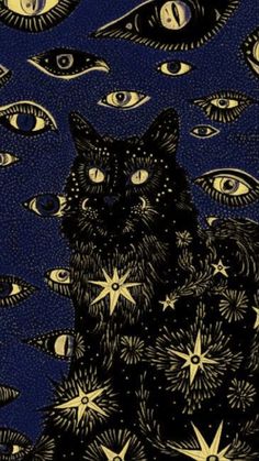 a black cat sitting on top of a pile of stars in front of an all seeing eye background