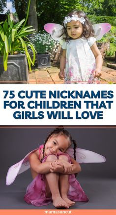 two girls with angel wings on their heads and the words, 5 cute nicknames for children that girls will love