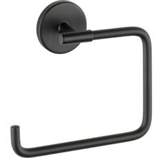 a black toilet paper holder on a white background, with the handle extended to it's left side